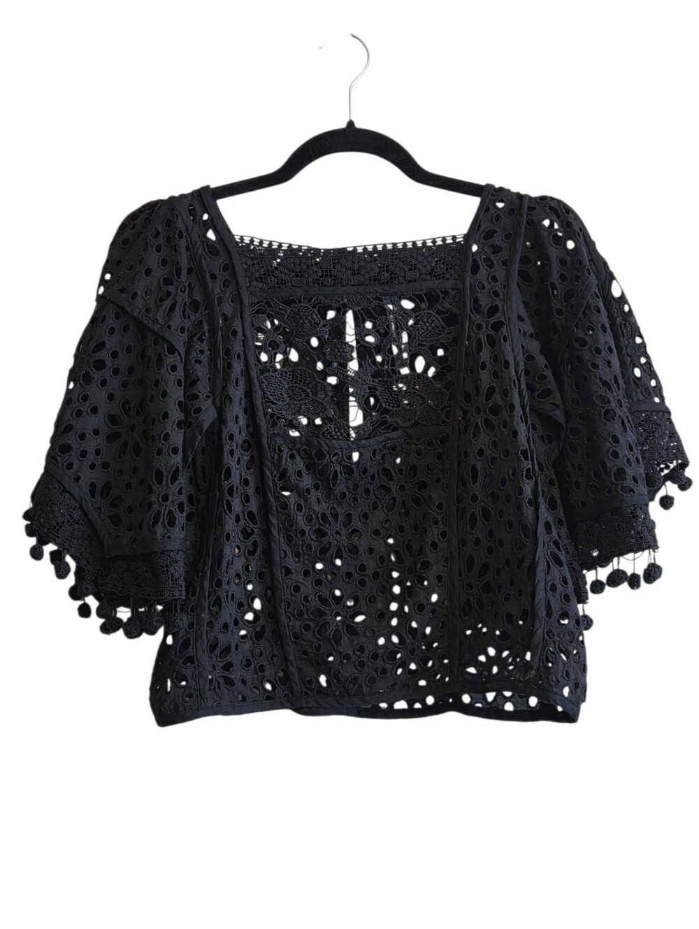 By Anthropologie Black Sheer Boat Neck Victorian Cutwork Eyelet Pom-Pom Top Sz S